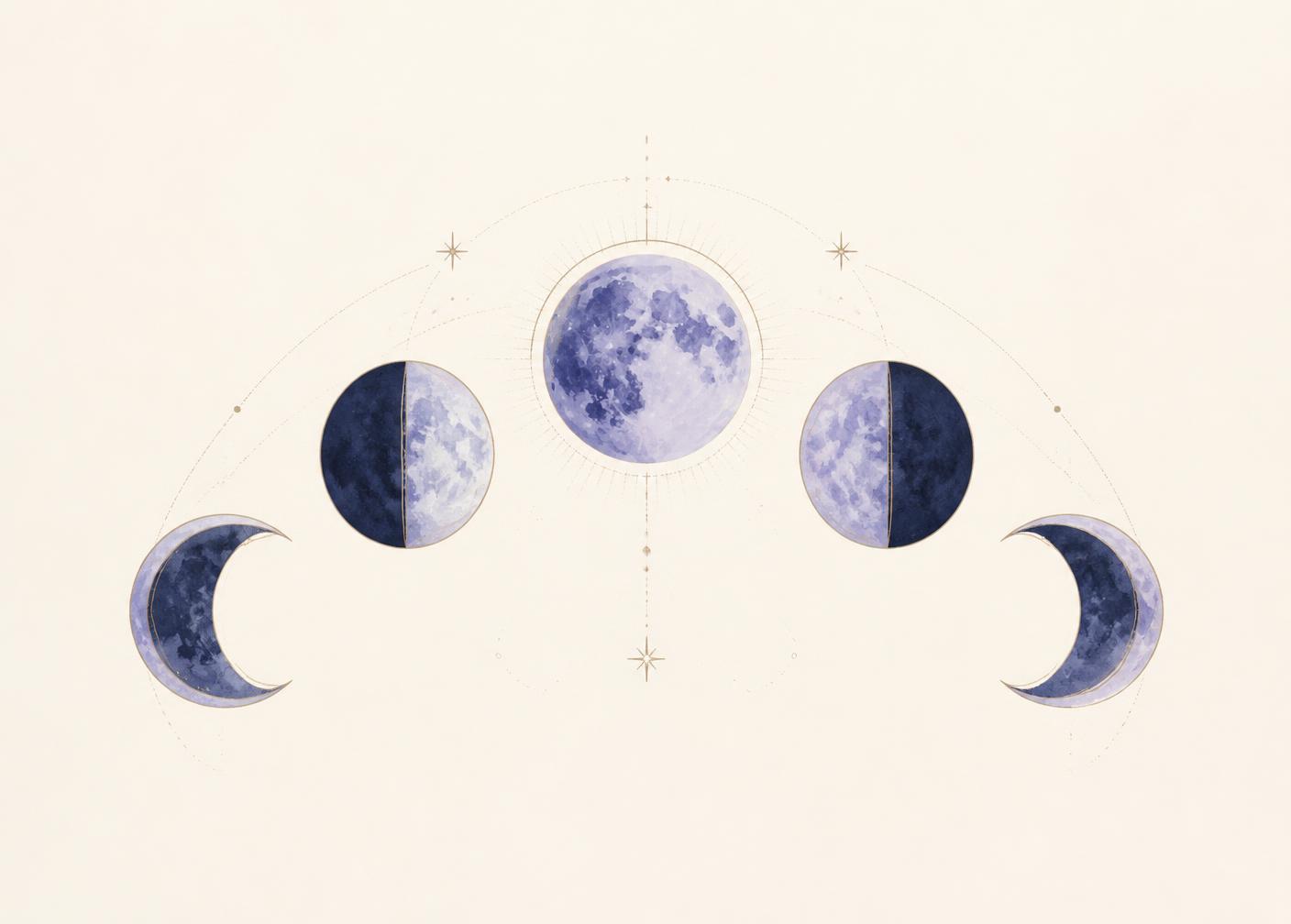 Ilustração das quatro fases da lua em arco